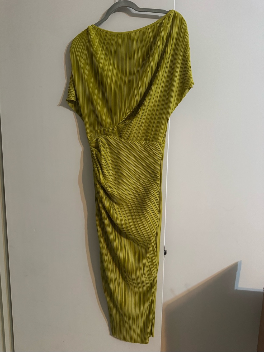 MARBLE One-Shoulder Pleated Midi Dress in Chartreuse Green